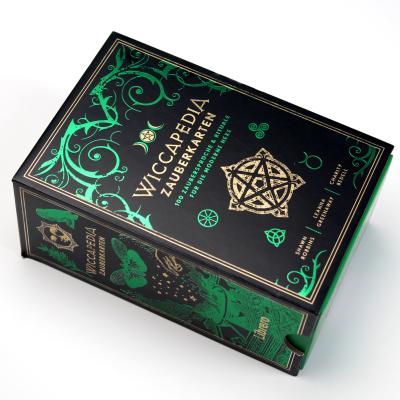 China Rigid Sliding Box Paper Packaging With Tray And Green Foil Stamping For Magic Cards for sale