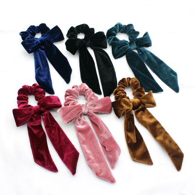 China Dating Wholesale Women Accessories Solid Color Elastic Bowknot Soft Pink Private Label Scrunchies Custom Logo Velvet Hair Ties for sale