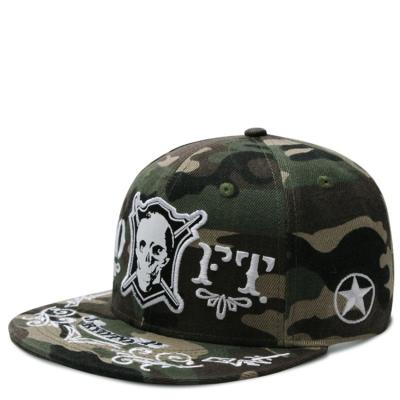 China OEM Wholesale Custom Hip Hop COMMON Logo 3D Embroidery Flat Bill A Frame Camouflage Snapback Caps Trendy Hats For Stylish Men for sale