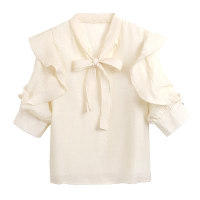 China 2023 Fashion Color Anti-Wrinkle Polyester Women's China Suppliers Women's Top Women's Clothing Elegant Nude Sexy Design Long Sleeve Spring Blouse for sale