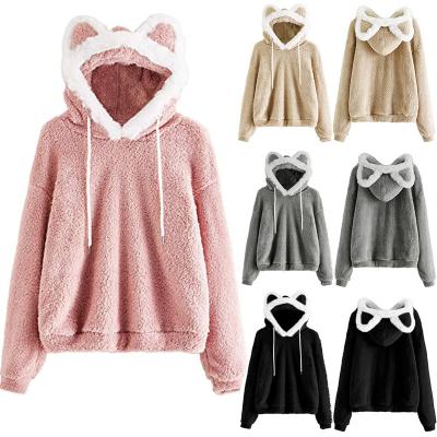 China Wholesale Cute Spring Outfits China New Solid Color Cat Ears Woolen Stock Garment Women Breathable Loose Hooded Unlined Top Item Clothing for sale