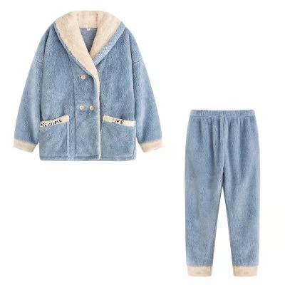 China Thermal Letter Embroidered Coral Fleece Cozy Warm Pants Pajamas Set Women Winter Family Sleepwear High Quality Thicker Suit for sale