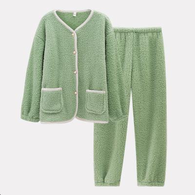 China Thermal Solid V-Neck Beads Winter Coral Fleece Ladies Sleepwear Super Soft Cute Button Pajama Set for sale