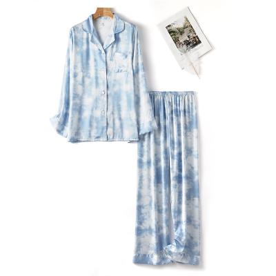 China Breathable Women Elegant Long Sleeve Button Up Tops With Tie Dye Printing Satin Elastic Waist Pants Pajama Set for sale