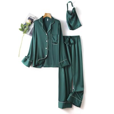 China Contract Collar Button Detail Breathable Satin Pants Pajama Set For Women for sale