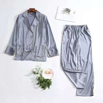 China Breathable Contrast Binding Satin Elastic Waist Pants 2 Piece Pj Set Elegant Women Button Up Sleepwear for sale