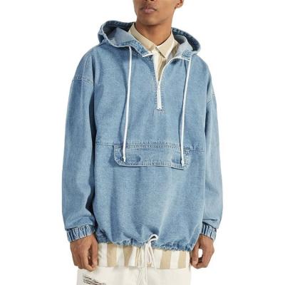 China Custom Light Blue Pocket Anti-Wrinkle Denim Pullover Jacket Men Hoodie Oversized Sweatshirt Sudadera for sale