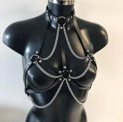 China Gothic Costumes Women Harness Punk Leather Chain Bra Crop Full Body Cage Support Belts Adjust Halloween Festival Praise Costume for sale