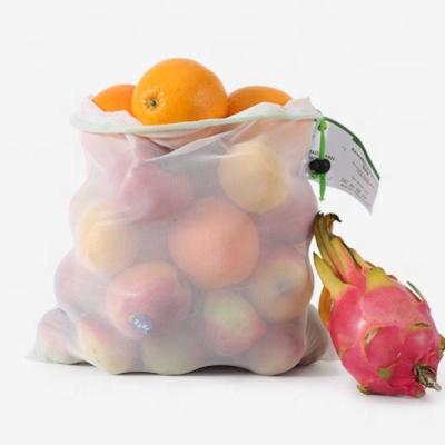 China Fruit Vegetable Food Grocery Shopping Drawstring Mesh Reusable RPET Net Product Bag Eco Friendly Washable RPET Storage for sale