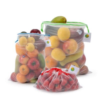 China Fruit Vegetable Food Shopping Drawstring Mesh Reusable RPET Net Product Bag Eco Friendly Washable 100%RPET Storage for sale