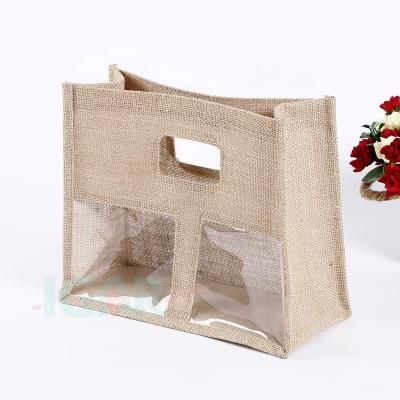 China OEM Customized Jute Burlap Hemp Raw Material Wine Bottle Jute Double Window Wedding Favor Gift Bag Eco-friendly OEM For Two Jar for sale