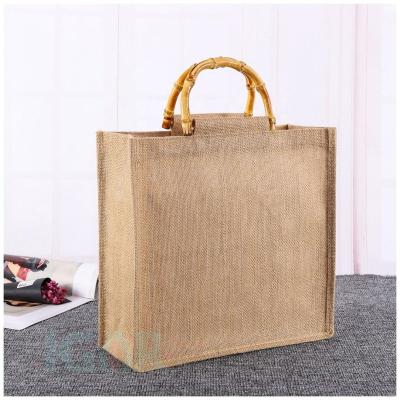 China Eco-Friendly Small Natural Color Eco-Friendly Small Natural Color Hessian Tote Reusable Shopping Bag Bamboo Handle 35x33x13cm for sale