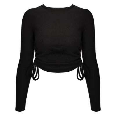 China Breathable Drawstring Ribbed Long Sleeve T-shirt Autumn High Quality Women's Fashion Short Top for sale