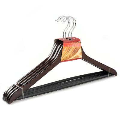 China SHOW OFF Supermarket Mahogany Color Solid Wood Suit Hangers With Pants Bar for sale