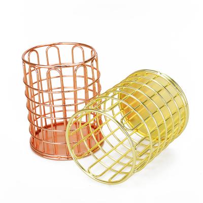 China Scandinavian Iron Round Pen Holder Pencil Storage Container Rose Gold Metal Mesh Desktop Organizer for Home Office for sale