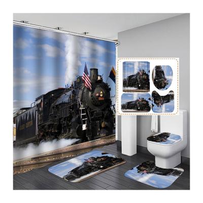 China Viable Wholesale Designer Factory Boy Retro Road Sports Car Train Bathroom Shower Curtain Set With Hook for sale