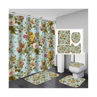 China Factory Wholesale Viable Modern Retro Flower Cactus Art Peony Rose Bathroom Shower Chinese Four-piece Curtain Set With Hook for sale