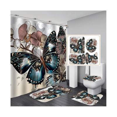 China Factory Wholesale Cheap Viable Animal Flower Rose Butterfly Modern Cake Food Bamboo Child Bathroom Shower Curtain Four-Piece Set for sale