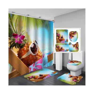 China Viable Wholesale Cheap Paris Cartoon Fruit Pineapple Flower Window Modern Kids Bathroom Shower Curtain Four-Piece Set for sale