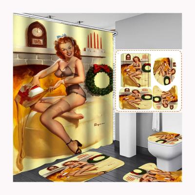 China Factory Wholesale Cheap Women Viable Oil Painting Designer Famous Literary Bathroom Four-piece Waterproof Retro Shower Curtain for sale