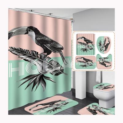 China Viable Wholesale Bird Leaves Brand Green Ins Designer Custom Bathroom Polyester Shower Curtain Four-Piece Set With Hook for sale