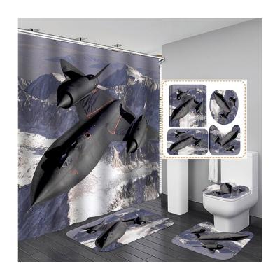 China Factory Wholesale Viable Sky Plane Blue Snow Mountain Scenery Fighter Boy Bathroom Shower Curtain Four-Piece Set for sale