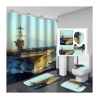 China Factory Designer Gear Machinery Retro Boat Train Boy Bathroom Shower Curtain Viable Wholesale Four-Piece Set With Hook for sale