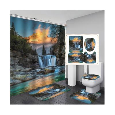 China Sustainable Wholesale Cheap Natural Landscape Waterfall Forest Sunset Modern Bathroom Shower Curtain Four-piece Set for sale