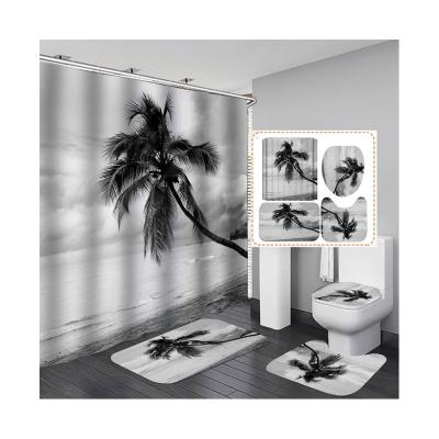 China Sustainable Wholesale Cheap Black And White Beach Coconut Tree Paris Eiffel Tower Hawaii Seaside Bathroom Four-Piece Shower Curtain Set for sale