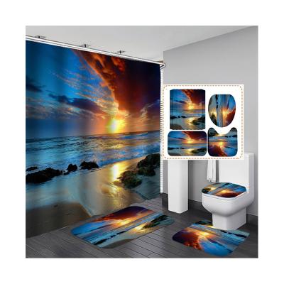 China Sun Viable Boat Seascape Wholesale Custom Modern Designer Nordic Four-piece Shower Curtain Set With Hook for sale