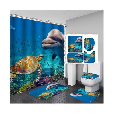 China Wholesale Custom Modern Designer Dolphin Sea Fish Viable Seal Blue Shark Animal Shower Curtain Four-Piece Set With Hook for sale