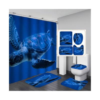 China Viable Custom Modern Blue Seahorse Sea Turtle Sea Fish Dolphin Animal Shower Curtain Four-Piece Set With Hook for sale