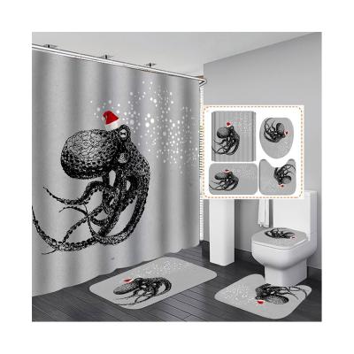 China Wholesale Custom Modern Designer Viable Ocean Jellyfish Cartoon Octopus Underwater World Shower Curtain Four-Piece Set With Hook for sale