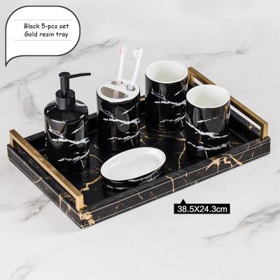 China Sustainable New Arrival Ceramic Black White Marble Design Luxury Fanling 4 Pieces Bathroom Accessories Marbling Set for sale