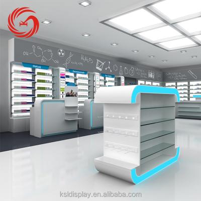 China Cute Eco-friendly Design Pharmacy Rack Pharmacy Display Stand Medicine Interior Decoration for sale