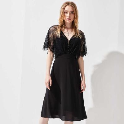 China Anti-Static 2021 summer new black lace hollow dress Hepburn waist mid-length skirt for sale