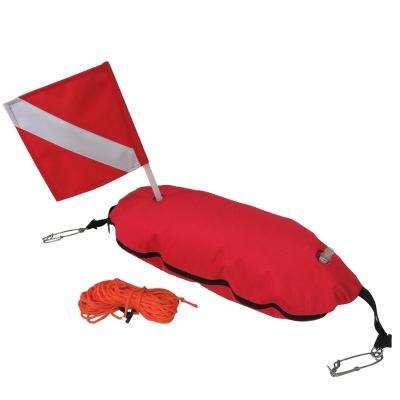 China 1680D Polyester/PVC Inner Bladder Spearfishing Torpedo Buoy With Flag 25 Meters Rope 2 Tag Hooks With Weight Pocket On Bottom for sale