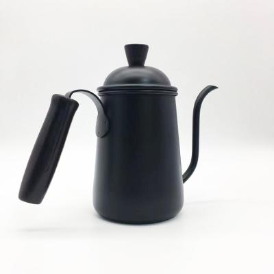 China WITH LID Black Stainless Steel Drip Coffee Tea Kettle With Wooden Handle Gooseneck Pour-over Coffee Kettle With Lid for sale