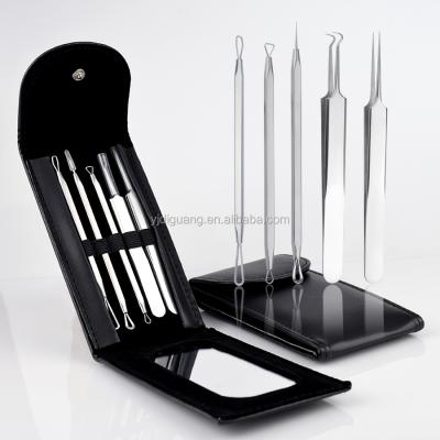 China Professional Blackhead 5 Pcs Stainless Steel Blackhead Remover Tweezers Kit Best Acne Removal Tools With PU Bag for sale