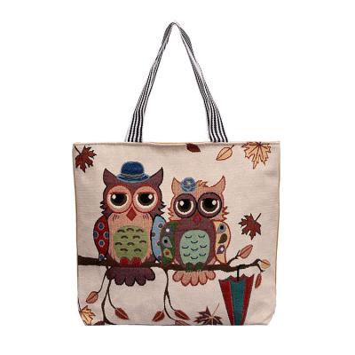 China Fashion Custom Personalized Durable Cute Owl Embroidered Women's Travel Large Capacity Canvas Handbag Shoulder Bag Shopping Bag for sale