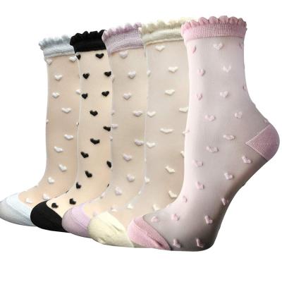 China Lady Sheer Heart Shaped Sexy Slim Polka Dot Transparent Crystal Short Ankle Socks Summer Breathable Women Spot Sheer Ankle Socks for sale