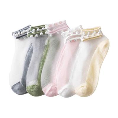 China Wholesale Breathable Summer Ladies Fashion Mesh Ultra Thin Elastic Crystal Breathable Lace Pearl Sheer Ladies Summer Socks for sale