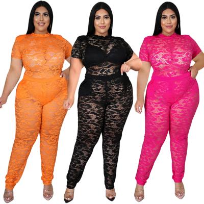 China Sustainable Plus Size Two Piece Lace Women Sets 2022 New Summer Short Sleeves T-shirt See Through Nightclub Pants Sets Party Outfits Clothes for sale