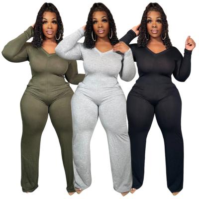 China Viable Plus Size Jumpsuits Women Solid Color Overalls Wholesale Skinny Wide-Leg Autumn Winter Casual Stretch V-Neck High Zipper Rompers for sale