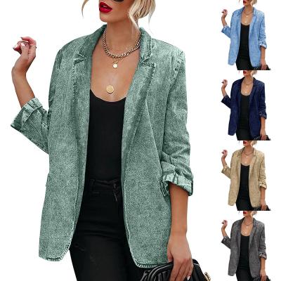 China Women's Jean Coat Autumn Clothing Soft Viable Light Washed Denim Suit Coat Full Sheath Lapel Neck Fashion Slim Cardigan 6 Colors for sale