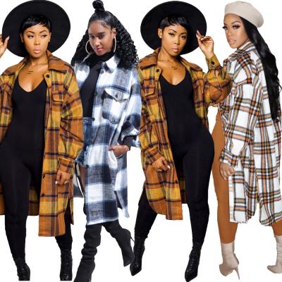 China Breathable Women Coat 2022 New Arrival Long Clothing Coat For Women Plaid Printing Full Pocket Sleeves Ditch Coats for sale