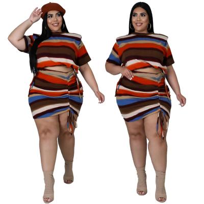 China Breathable plus size women sets striped two-piece color printed high waist drawstring 2022 new arrivals O-neck shirts bubbling skirts suits for sale