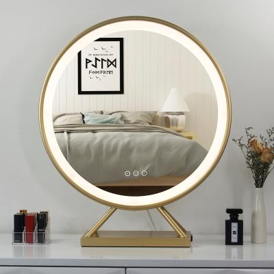 China Lighted Round Makeup Mirror Darkening 3 Color Lighting Vanity Girl Hollywood Desk Mirror for sale