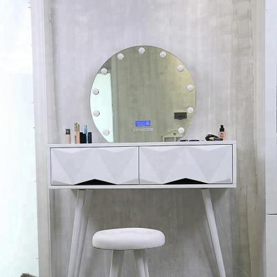 China Lighted Custom Round Hollywood Vanity Table Led Makeup Mirror With Speaker for sale