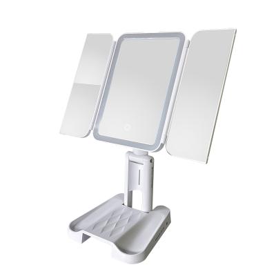 China Travel Vanity Lighted Desktop Makeup Mirror Lighted Foldable LED Mirror Makeup Mirror with LED Lights for sale